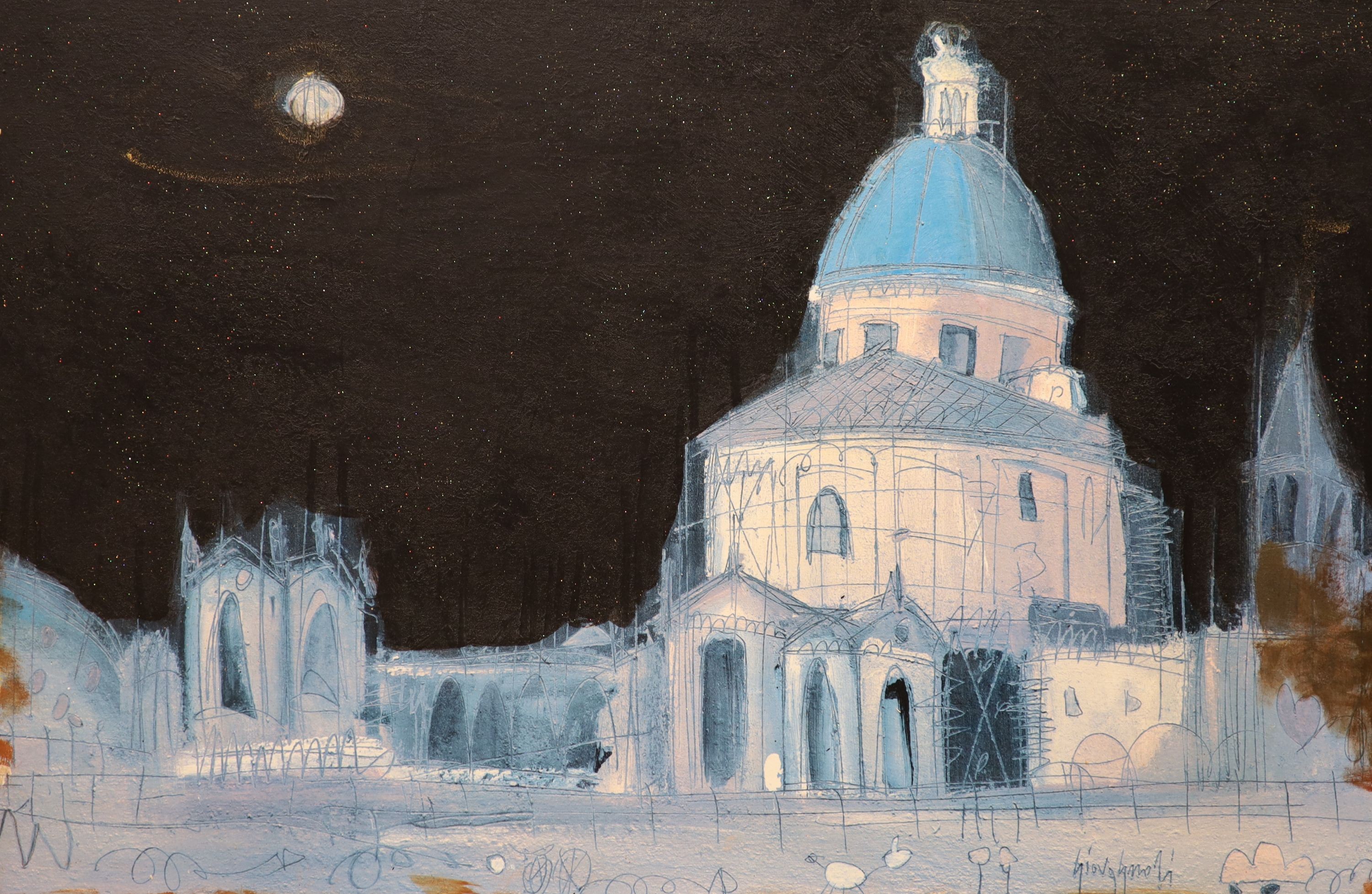 Spanish School, oil on canvas, Moonlit temple scene, 109 x 80cm